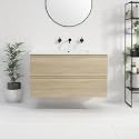 Floating Bathroom Vanity with Sink, 36" Wall-Mounted Vanity with White Ceramic Basin &amp; Woodgrain Finish, Space Saving Small Bathroom Storage Cabinet with 2 Soft-Close Drawers, Light Oak