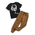 Floerns Boys 2 Piece Outfit Short Sleeve T Shirt Drawstring Waist Sweatpants Set Black and Brown 11-12Y