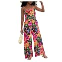 Floerns Girl's 2 Piece Outfit Hawaiian Tropical Crop Cami Tops and Boho Pants Set
