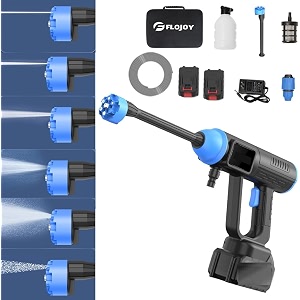 flojoy automatic 48v bldc cordless pressure washer gun 400w 60-80 bar with 6in1 nozzle handheld pressure washer for cleaning car bike floor solar panels ac with 2 battery pack amp 220v charger