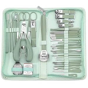 35pcs essentials nail cutter kit for men amp women  most practical nail kit manicure  stainless steel nail cutter set for men scissors grooming kit acne needle blackhead tool with leather travel case 35 in 1 green
