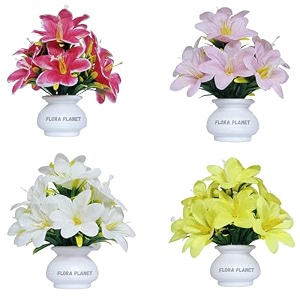 flora planet artificial flowers for decoration with pot  set of 4 realistic multicolor lily flowers for home indoor living room bedroom decor  durable material 7cm x 15cm lifelike look