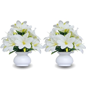 flora planet artificial plants for home decor  set of 2 artificial flowers for decoration  decorative items for home  home decor items for living room  mini size flowers pot 12 cm height 2white