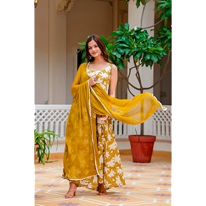 Floral Anarkali Sleeveless Kurta with Dupatta Maroon