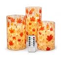 Floral Flameless LED Pillar Candles with String Lights, 3pcs Maple Leaf Battery Operated Flickering Candles with Timer Remote,Warm White Flickering for Fall Thanksgiving Decor