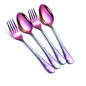 floral print spoon amp fork set  4-pcs stainless steel cutlery set rainbow designer handles  elegant flatware for dining travel gifting amp everyday use  rust resistant amp dishwasher safe