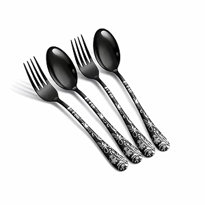 floral print spoon amp fork set  4-pcs stainless steel cutlery set with black designer handles  elegant flatware for dining travel gifting amp everyday use  rust resistant amp dishwasher safe