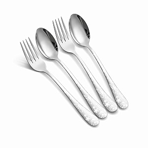 floral print spoon amp fork set  4-pcs stainless steel cutlery set with silver designer handles  elegant flatware for dining travel gifting amp everyday use  rust resistant amp dishwasher safe