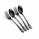 Floral Print Spoon &amp; Fork Set – 4-Pcs Stainless Steel Cutlery Set with Black Designer Handles | Elegant Flatware for Dining, Travel, Gifting &amp; Everyday Use – Rust Resistant &amp; Dishwasher Safe