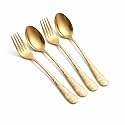 Floral Print Spoon &amp; Fork Set – 4-Pcs Stainless Steel Cutlery Set with Gold Designer Handles | Elegant Flatware for Dining, Travel, Gifting &amp; Everyday Use – Rust Resistant &amp; Dishwasher Safe