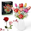 Flower Bouquet Building Set, Rose Home Plant Decor, Tulips Artificial Flowers Botanical Collection Block Toy for Valentine Birthday Gifts Adults Women Mom Kids Girls 12+ (Red)