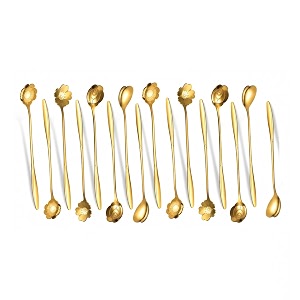 flower spoons gold stainless steel petal spoon long handle mixing coffee teaspoon ice cream dessert scoop golden spoons-16pcs