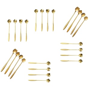 flower spoons gold stainless steel petal spoon long handle mixing coffee teaspoon ice cream dessert scoop golden spoons-24pcs