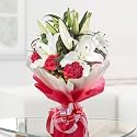 FlowerAura Premium Fresh Live Flower Bouquet of 20 White Carnations &amp; Red Roses In Wrapping Paper Gift For Birthday | Anniversary | Love | Home Decor | Fathers Day Gift For Dad (Same Day Delivery)
