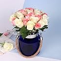 FlowerAura Premium Fresh Live Flower Bouquet of 30 Pink, White &amp; White Roses In Designer Glass Vase Gift For Birthday | Anniversary | Love | Home Decor | Fathers Day Gift For Dad (Same Day Delivery)