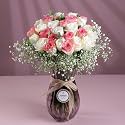 FlowerAura Premium Fresh Live Flower Bouquet of 30 Pink, White & White Roses In Designer Glass Vase Gift For Birthday | Anniversary | Love | Home Decor | Fathers Day Gift For Dad (Same Day Delivery)