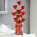 FlowerAura Premium Fresh Live Flower Bouquet of 10 Red Roses In Designer Glass Vase Gift For Birthday | Anniversary | Love | Home Decor | Fathers Day Gift For Dad (Same Day Delivery)