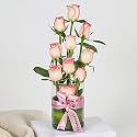 FlowerAura Premium Fresh Live Flower Bouquet of 10 Pink Roses In Glass Vase Gift For Birthday | Anniversary | Love | Home Decor | Fathers Day Gift For Dad (Same Day Delivery)