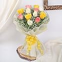 FlowerAura Premium Fresh Live Flower Bouquet of 12 Mix Roses In Non Woven Paper Pack Gift For Birthday | Anniversary | Love | Home Decor | Fathers Day Gift For Dad (Same Day Delivery)