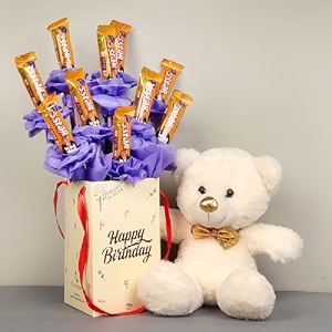 floweraura decorative bunch of fresh 10 five star chocolate bouquet in box with cute teddy bear valentine39s day gifts for girlfriend boyfriend husband amp wife same day delivery - 400 gm