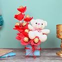 FlowerAura Decorative Bunch Of Fresh 8 Ferrero Rocher Chocolate Bouquet In Box With Cute Teddy Bear Valentine's Day Gifts For Girlfriend, Boyfriend, Husband &amp; Wife (Same Day Delivery)