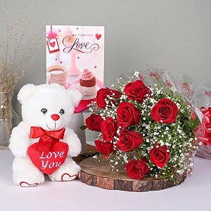 floweraura decorative bunch of fresh live 10 red roses flowers bouquet in with cute teddy bear amp love greeting card valentine39s day gifts for girlfriend boyfriend husband amp wife same day delivery