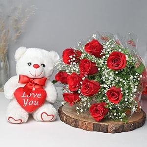 floweraura decorative bunch of fresh live 10 red roses flowers bouquet with cute teddy bear valentine39s day gifts for girlfriend boyfriend husband amp wife same day delivery
