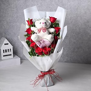 floweraura decorative bunch of fresh live 10 red roses flowers with cute teddy bear bouquet in paper packing valentine39s day gifts for girlfriend boyfriend husband amp wife same day delivery