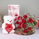 FlowerAura Decorative Bunch Of Fresh Live 10 Red Roses Flowers Bouquet In With Cute Teddy Bear &amp; Love Greeting Card Valentine's Day Gifts For Girlfriend, Boyfriend, Husband &amp; Wife (Same Day Delivery)