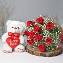 FlowerAura Decorative Bunch Of Fresh Live 10 Red Roses Flowers Bouquet With Cute Teddy Bear Valentine's Day Gifts For Girlfriend, Boyfriend, Husband &amp; Wife (Same Day Delivery)