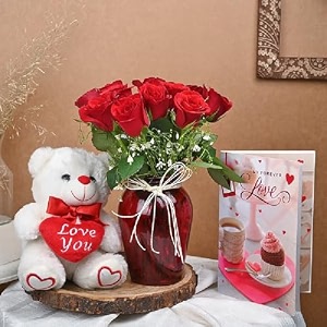 floweraura decorative bunch of fresh live 12 red roses flower bouquet in glass vase with cute teddy bear amp love card valentine39s day gifts for girlfriend boyfriend husband amp wife same day delivery