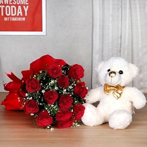 floweraura decorative bunch of fresh live 12 red roses flowers bouquet with cute teddy bear valentine39s day gifts for girlfriend boyfriend husband amp wife same day delivery