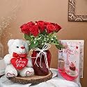 FlowerAura Decorative Bunch Of Fresh Live 12 Red Roses Flower Bouquet In Glass Vase With Cute Teddy Bear & Love Card Valentine's Day Gifts For Girlfriend, Boyfriend, Husband & Wife (Same Day Delivery)