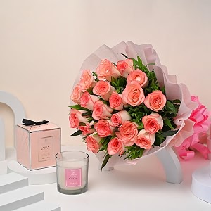 floweraura decorative bunch of fresh live 20 pink roses flowers bouquet with glass candle for valentine39s day gift birthday gift anniversary gift amp mother39s day gift same day delivery