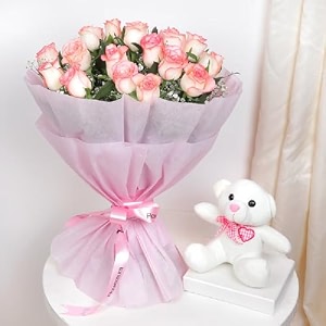 floweraura decorative bunch of fresh live 20 pink roses flowers bouquet in paper packing with cute teddy bear valentine39s day gifts for girlfriend boyfriend husband amp wife same day delivery
