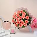FlowerAura Decorative Bunch of Fresh Live 20 Pink Roses Flowers Bouquet With Glass Candle For Valentine's Day Gift, Birthday Gift, Anniversary Gift &amp; Mother's Day Gift (Same Day Delivery)