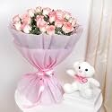 FlowerAura Decorative Bunch Of Fresh Live 20 Pink Roses Flowers Bouquet In Paper Packing With Cute Teddy Bear Valentine's Day Gifts For Girlfriend, Boyfriend, Husband &amp; Wife (Same Day Delivery)