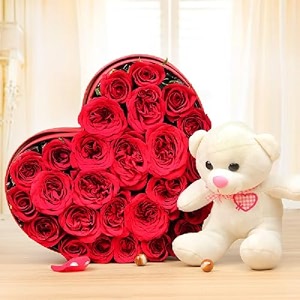 floweraura decorative bunch of fresh live 25 red roses flowers bouquet in heart shape box with cute teddy bear valentine39s day gifts for girlfriend boyfriend husband amp wife same day delivery