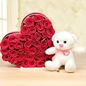 FlowerAura Decorative Bunch Of Fresh Live 35 Red Roses Flowers Bouquet In Heart Shape Box With Cute Teddy Bear Valentine's Day Gifts For Girlfriend, Boyfriend, Husband &amp; Wife (Same Day Delivery)