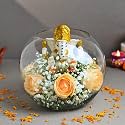 FlowerAura Fresh Live 6 Peach Roses Flowers Bouquet with Ganesha Idol in Fish Bowl for Living Room, Table Decor, Home Decor, Temple Decor, Gift for Religious Events &amp; Occasions (Same Day Delivery)