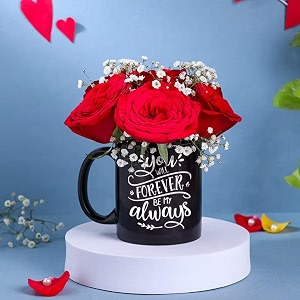 floweraura premium fresh live flower bouquet of 6 red roses in black coffee mug gift for birthday  anniversary  love  home decor  fathers day gift for dad same day delivery