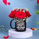 FlowerAura Premium Fresh Live Flower Bouquet of 6 Red Roses In Black Coffee Mug Gift For Birthday | Anniversary | Love | Home Decor | Fathers Day Gift For Dad (Same Day Delivery)