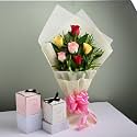 FlowerAura Love Special Fresh Live 6 Mix Roses Flowers Bouquet With Set of 2 Glass Candle For Valentine's Day &amp; Birthday Gift (Same Day Delivery)