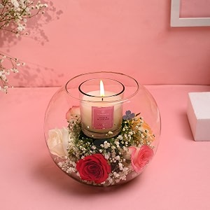 floweraura romantic fresh live 6 mix roses flowers bouquet with scented candle in glass fish bowl for valentine39s day amp birthday gift