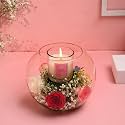 FlowerAura Romantic Fresh Live 6 Mix Roses Flowers Bouquet With Scented Candle In Glass Fish Bowl For Valentine's Day &amp; Birthday Gift
