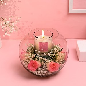 floweraura romantic fresh live 6 pink roses bouquet with scented candle in glass fish bowl for valentine39s day birthday anniversary amp mother39s day same day delivery