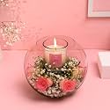 FlowerAura Romantic Fresh Live 6 Pink Roses Bouquet With Scented Candle In Glass Fish Bowl For Valentine's Day, Birthday, Anniversary &amp; Mother's Day (Same Day Delivery)
