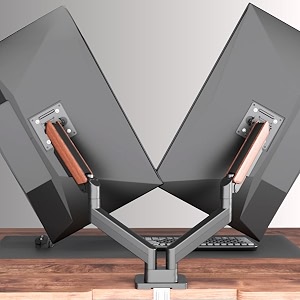 flowlyf black dual wooden texture premium gas spring monitor arm  17-3234 screen monitor vesa mount  height adjustability  360 degree rotation easily hold upto 8kg weight each 2 way wire manager