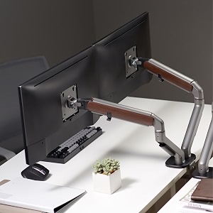 flowlyf dual wooden monitor arm spring assisted height adjustability monitor mount for 17-3234 screen360 degree rotation2 step installationvesa complaint2 way wire manager9 kg wt capacity