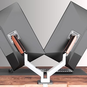 flowlyf white dual wooden texture premium gas spring monitor arm  17-3234 screen monitor vesa mount  height adjustability  360 degree rotation easily hold upto 8kg weight each 2 way wire manager